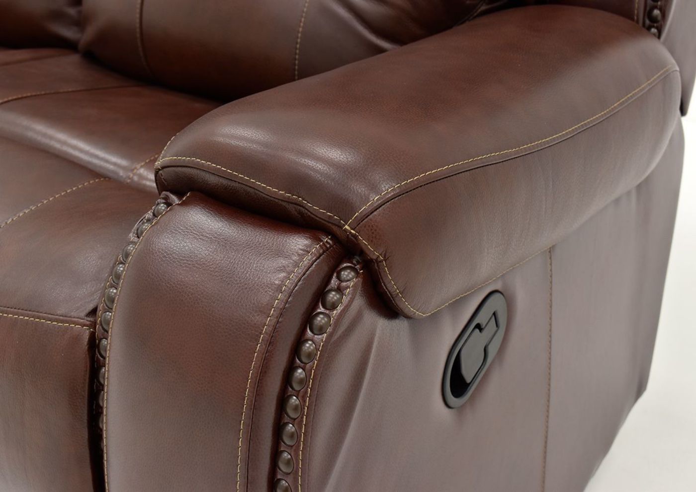 Closeup View of the Rosewood Leather Reclining Sofa in Warm Brown by Behold Home Showing Arm and Trim Details | Home Furniture Plus Bedding