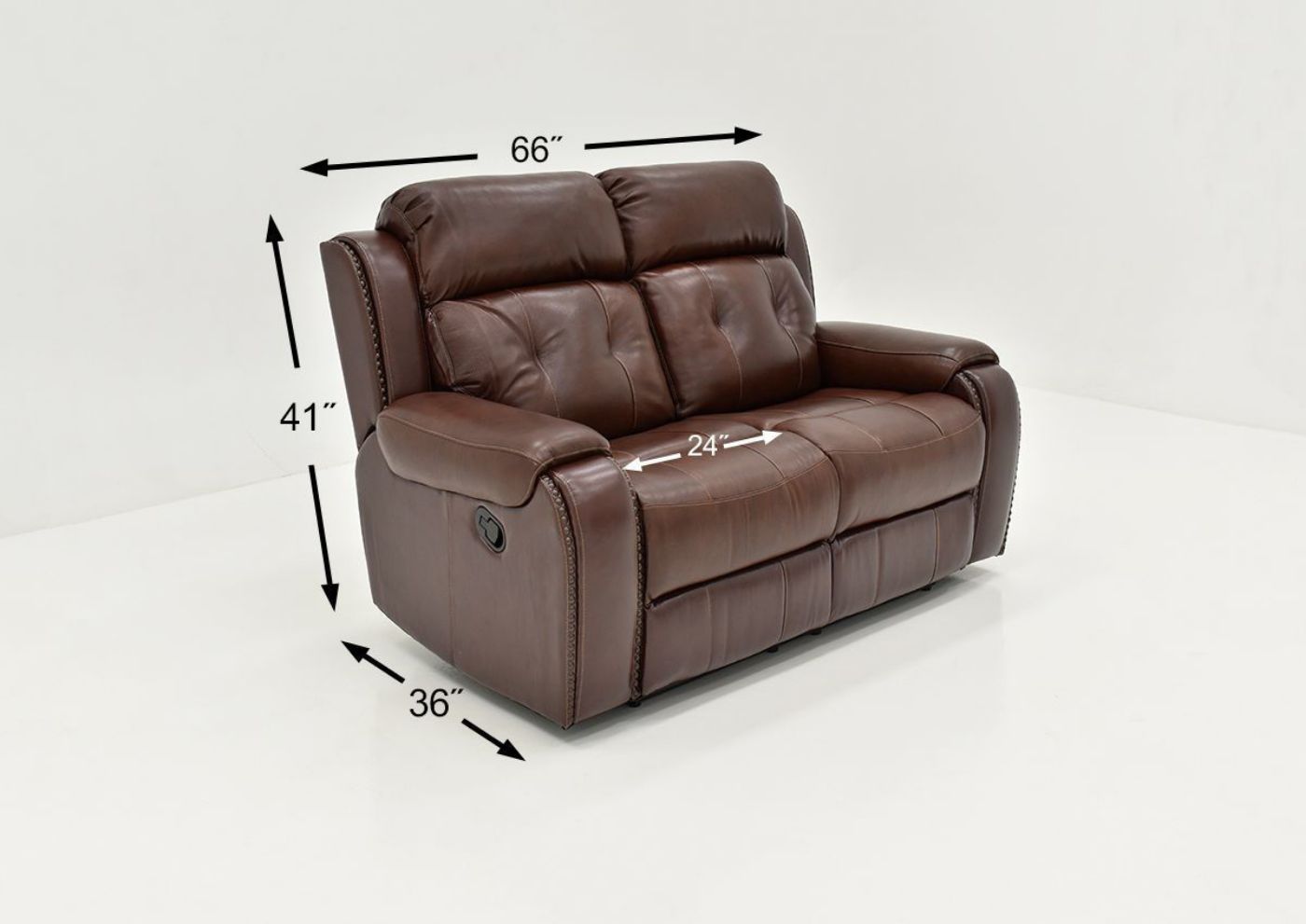 Dimension Details of the Rosewood Leather Reclining Loveseat in Warm Brown by Behold Home | Home Furniture Plus Bedding