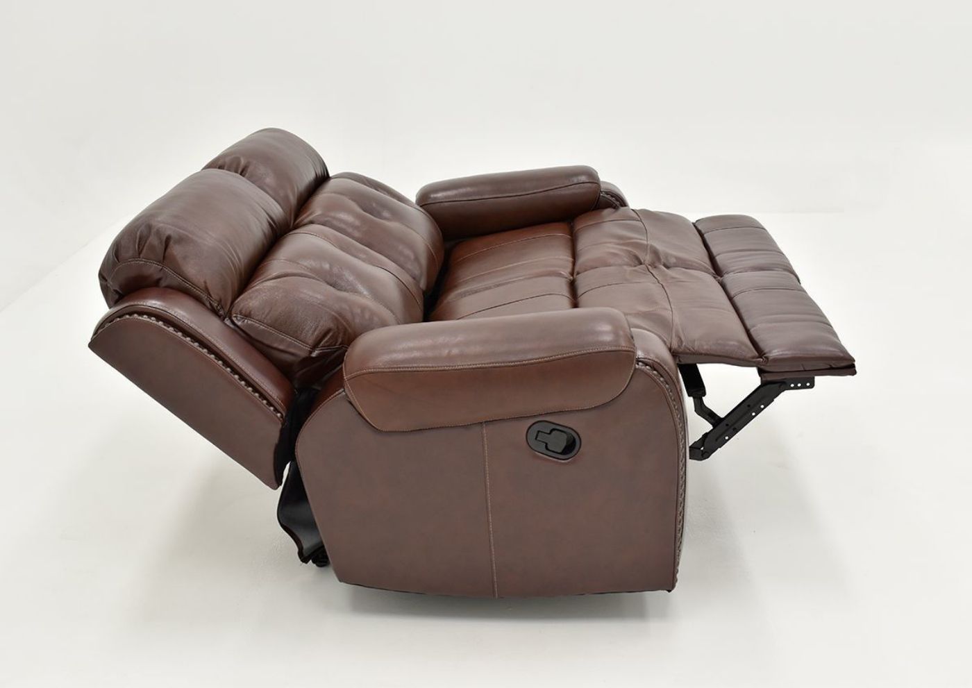 Side View of the Reclined Rosewood Leather Reclining Loveseat in Warm Brown by Behold Home | Home Furniture Plus Bedding