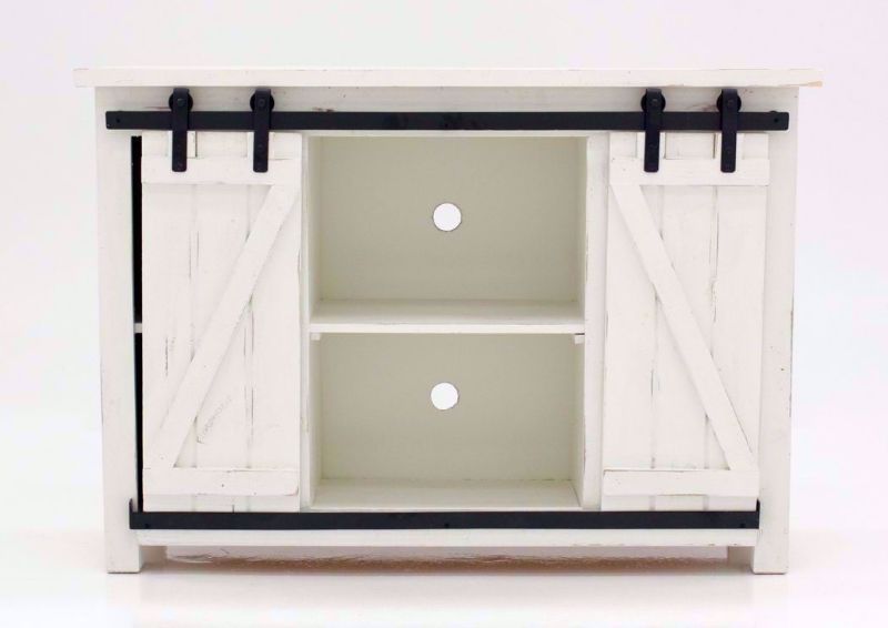 Front Facing View of the Open Doors on the Diego 50” TV Stand in White by Vintage Furniture | Home Furniture Plus Bedding