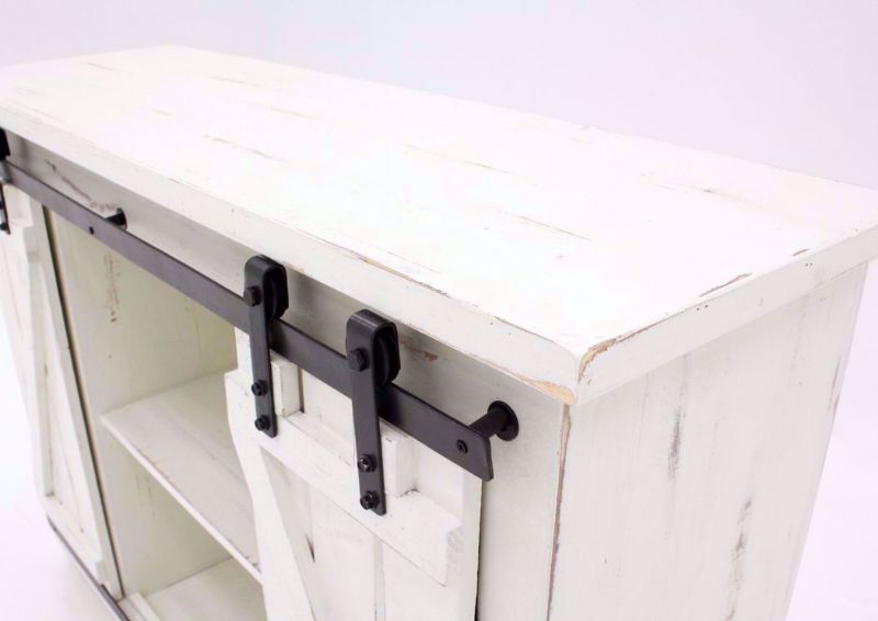 Close Up View of the Sliding Barn Doors on the Diego 50” TV Stand in White by Vintage Furniture | Home Furniture Plus Bedding