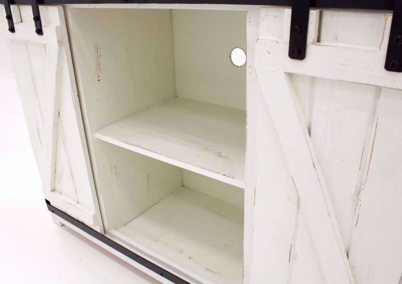 Close Up View of the Center Media Shelf on the Diego 50” TV Stand in White by Vintage Furniture | Home Furniture Plus Bedding