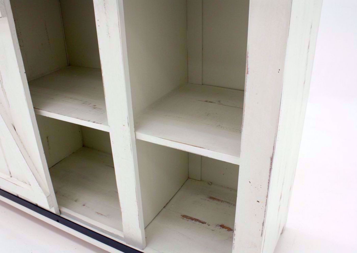 Close Up View of the Sliding Barn Doors and Side Shelf on the Diego 50” TV Stand in White by Vintage Furniture | Home Furniture Plus Bedding