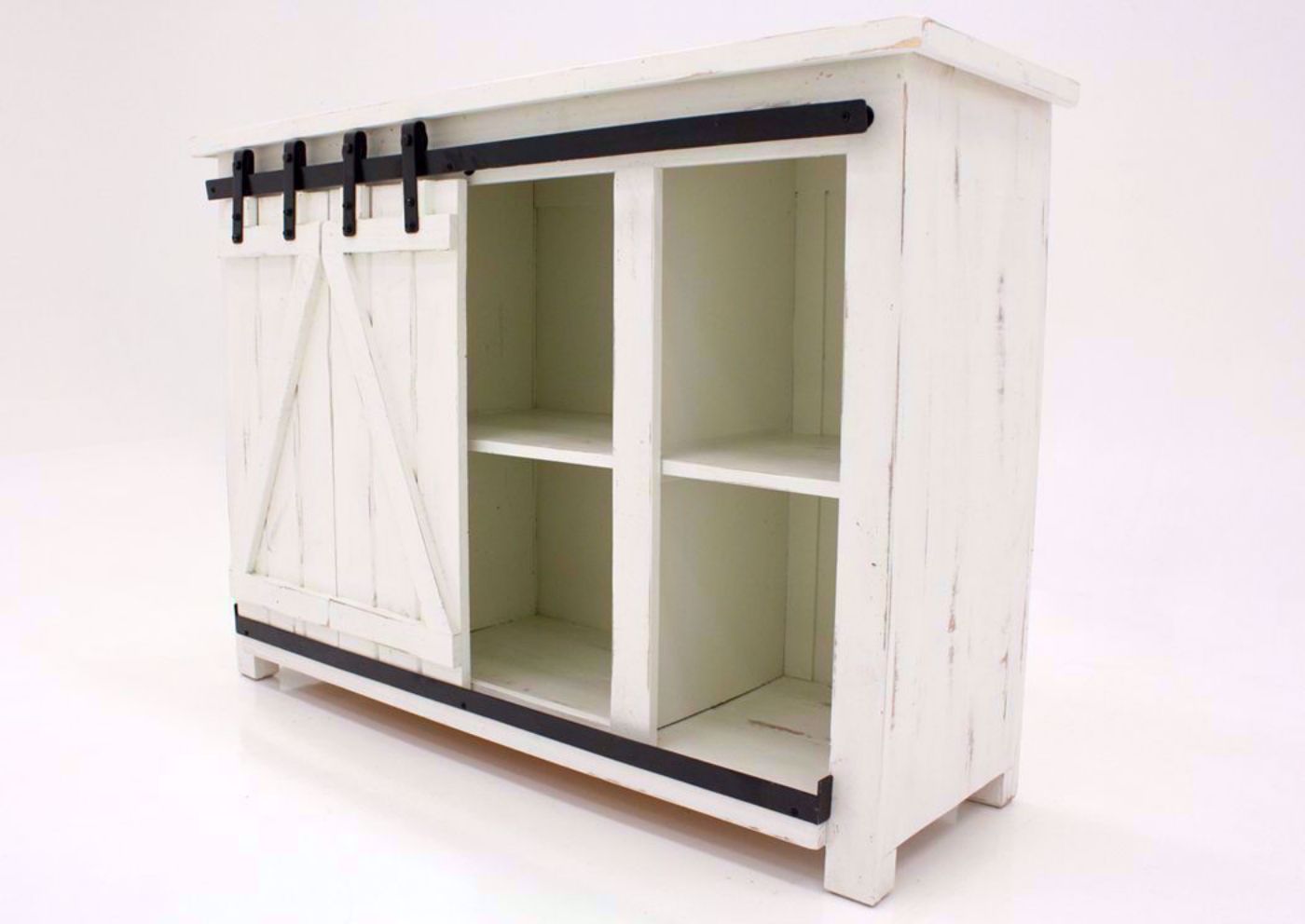 Angled View of the Doors Pushed to the Left Side on the Diego 50” TV Stand in White by Vintage Furniture | Home Furniture Plus Bedding