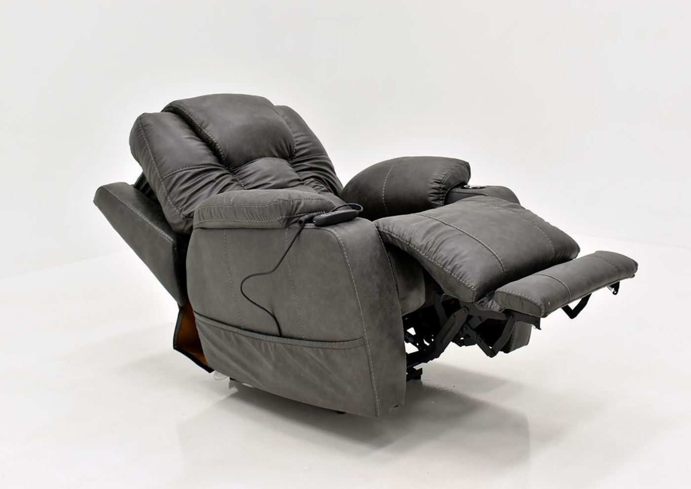 Gray Discovery POWER Recliner by HomeStretch Showing an Angle View in a Fully Reclined Position, Made in the USA | Home Furniture Plus Bedding
