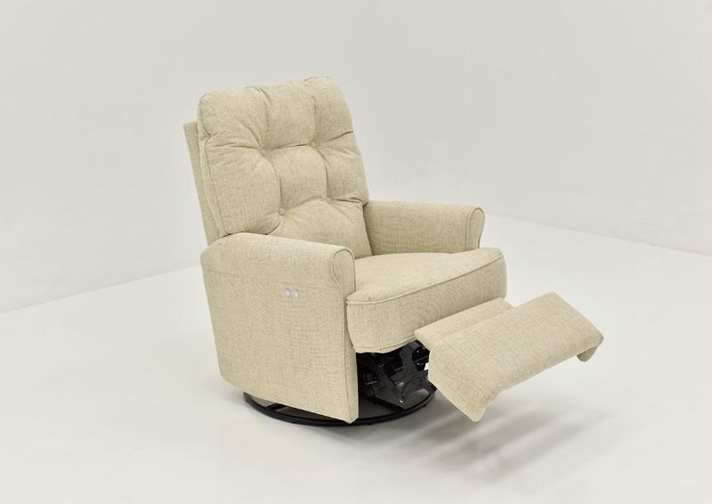 Angled View of the Footrest Raised on the Carissa POWER Swivel Glider Recliner in Linen by Best Home Furnishings | Home Furniture Plus Bedding