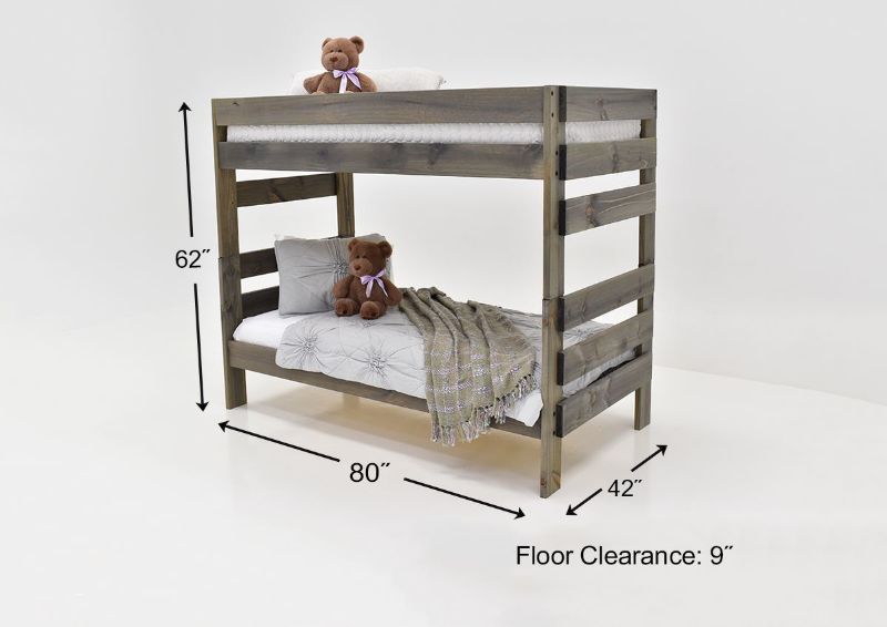 Slightly Angled View of the Duncan Twin over Twin Bunk Bed in a Walnut Brown Finish Showing Dimensions, Mattresses and Bedding Sold Separately | Home Furniture Plus Bedding