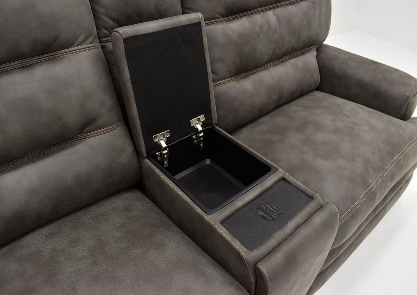 Close Up View of the Opened Console on the Jackson POWER Reclining Sectional Sofa in Gray by Kuka Home | Home Furniture Plus Bedding