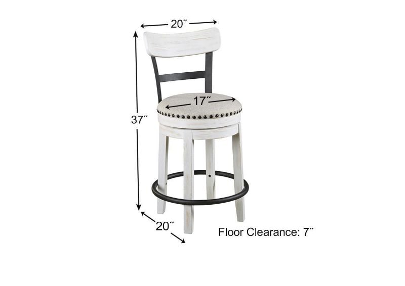 Angle View of the Valebeck 24 Inch Barstool in White by Ashley Furniture Showing Dimensions | Home Furniture Plus Bedding