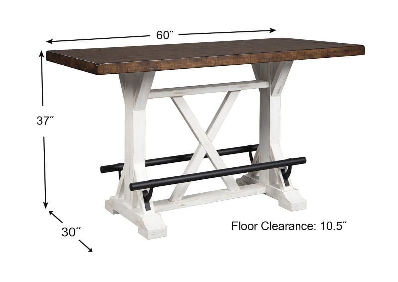 Angle View of the Valebeck Counter Height Table in White by Ashley Furniture Showing Dimensions | Home Furniture Plus Bedding