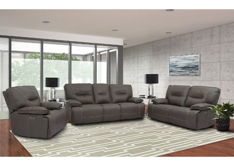 Room View of the Spartacus POWER Reclining Sofa Set in Haze Gray by Parker House Furniture including Sofa, Loveseat, and Chair | Home Furniture Plus Bedding