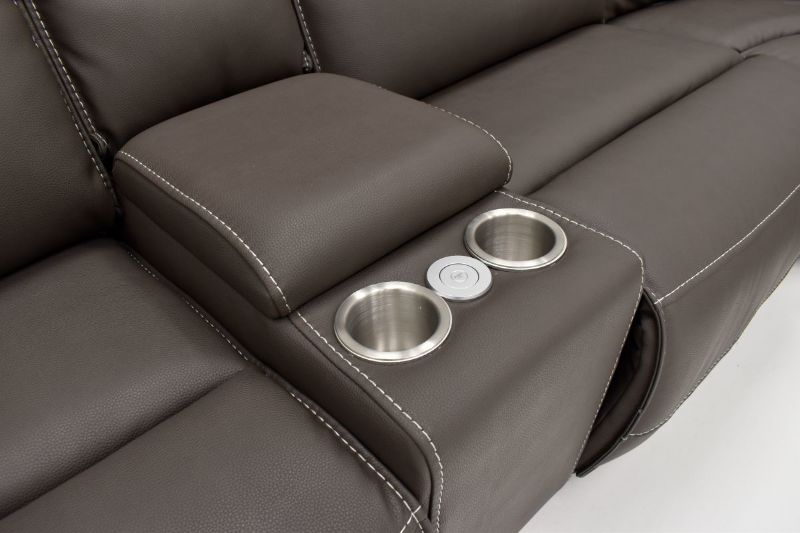 Close Up View of the Center Console on the Spartacus POWER Reclining Sectional Sofa in Haze Gray by Parker House Furniture | Home Furniture Plus Bedding