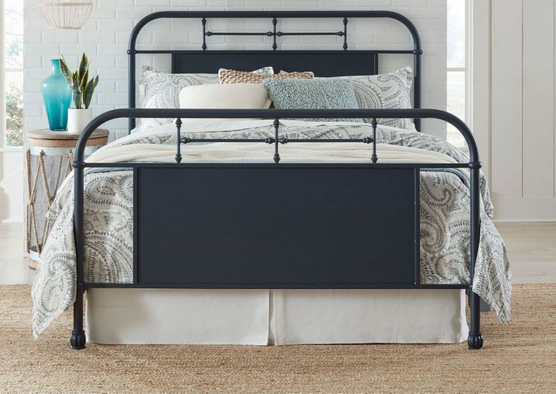View from the Foot of the Vintage King Size Metal Bed in Navy by Liberty Furniture | Home Furniture Plus Bedding