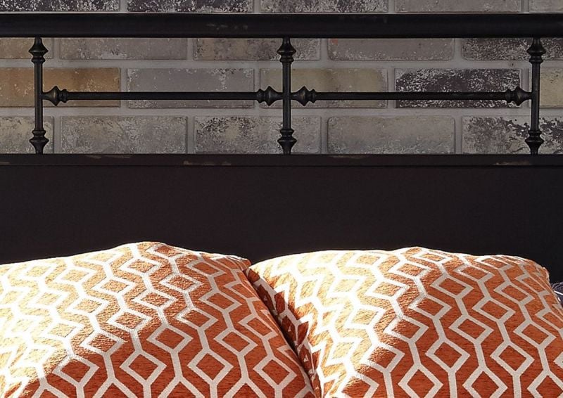 Closeup of the Headboard on the Vintage Queen Size Metal Bed in Black by Liberty Furniture | Home Furniture Plus Bedding