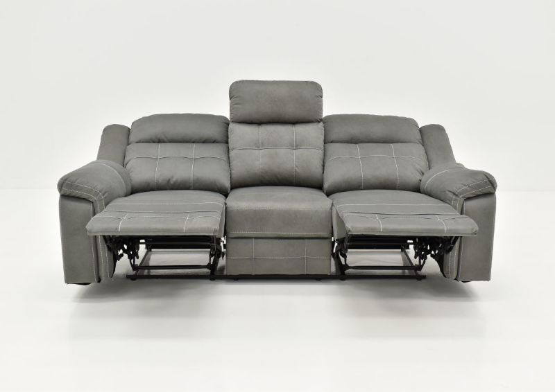 Front Facing View of the Reclined and Extended Keystone Reclining Sofa in Gray by Lane Home Furnishings | Home Furniture Plus Bedding