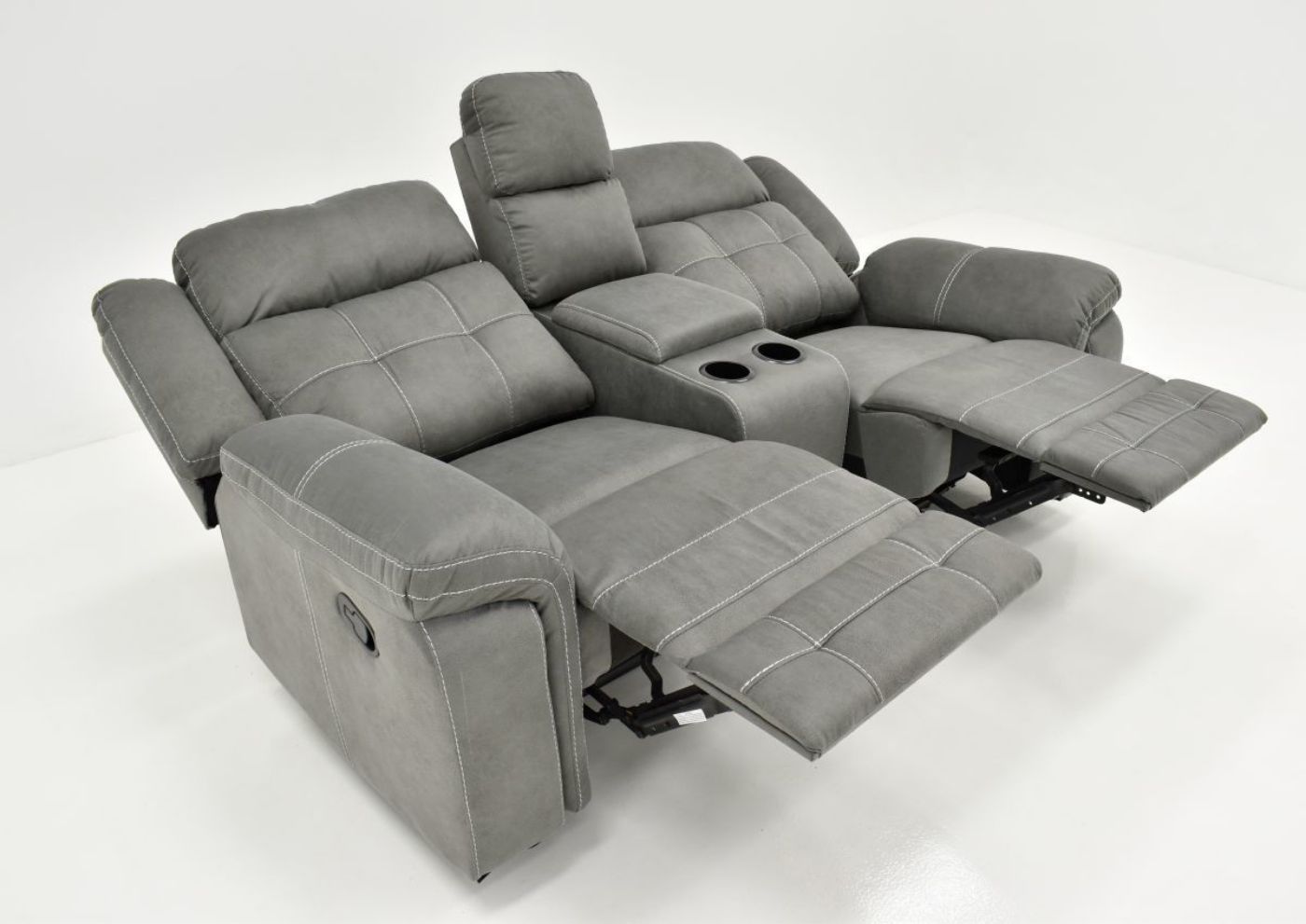 Slightly Angled View of the Reclined and Extended Keystone Reclining Loveseat in Gray by Lane Home Furnishings | Home Furniture Plus Bedding