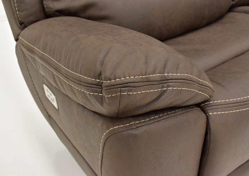 Close Up View of the Arm Details on the Dakota POWER Reclining Sectional Sofa in Brown by KUKA Home | Home Furniture Plus Bedding