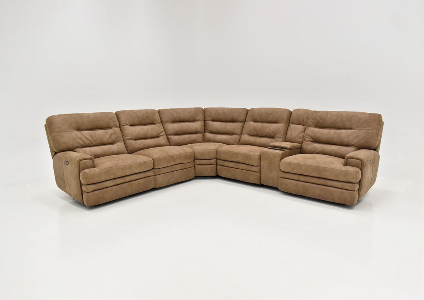 Front View of the Maxwell POWER Reclining Sectional Sofa in Brown by KUKA Home | Home Furniture Plus Bedding