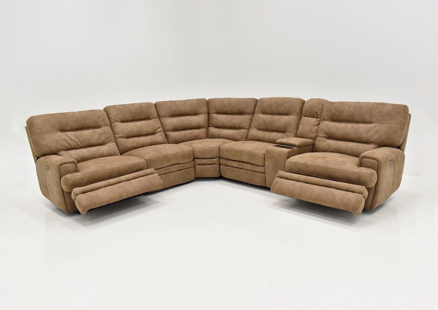 Front View with Raised Footrests on the Maxwell POWER Reclining Sectional Sofa in Brown by KUKA Home | Home Furniture Plus Bedding
