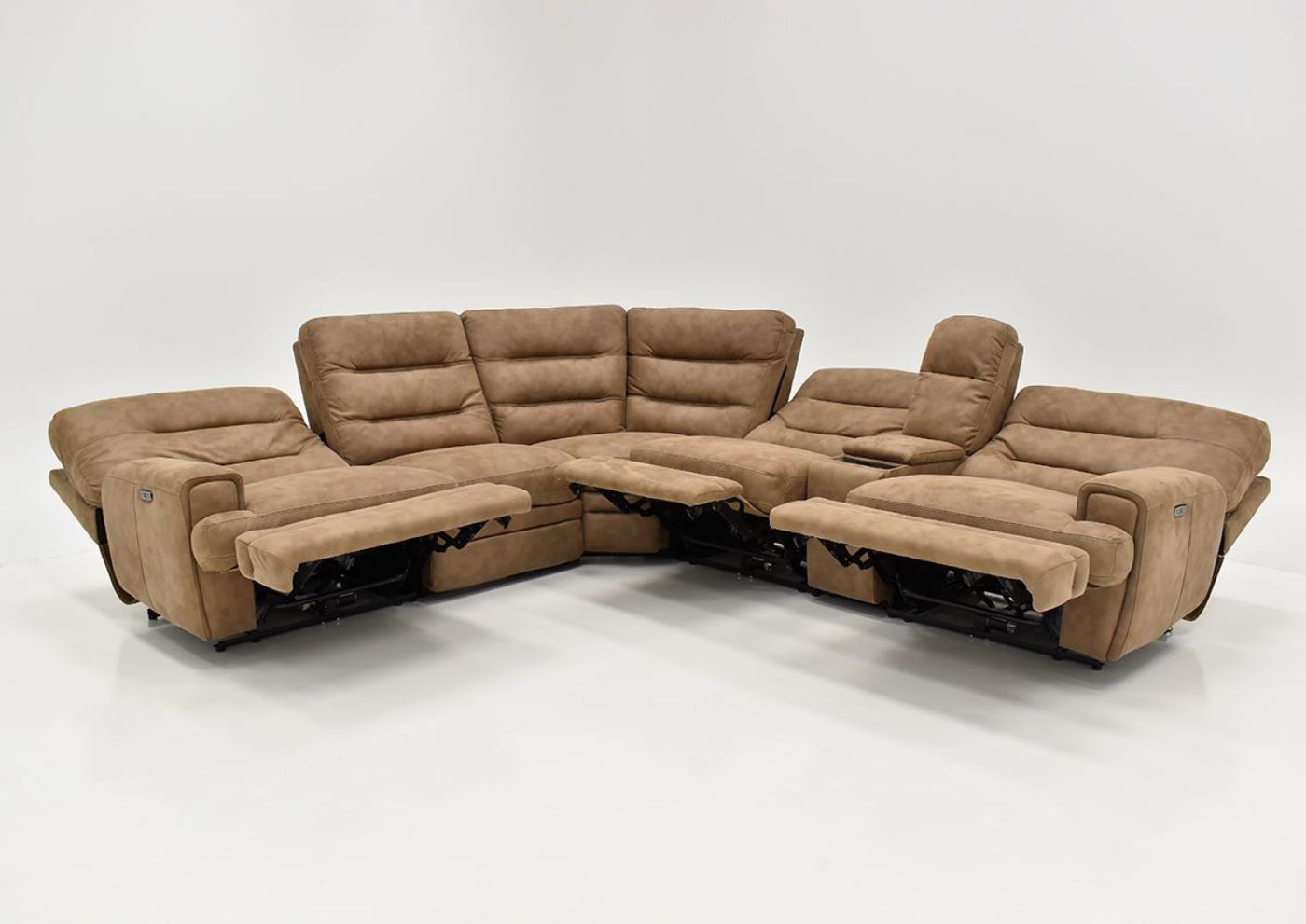 Front View with Reclined Backs and Raised Footrests on the Maxwell POWER Reclining Sectional Sofa in Brown by KUKA Home | Home Furniture Plus Bedding