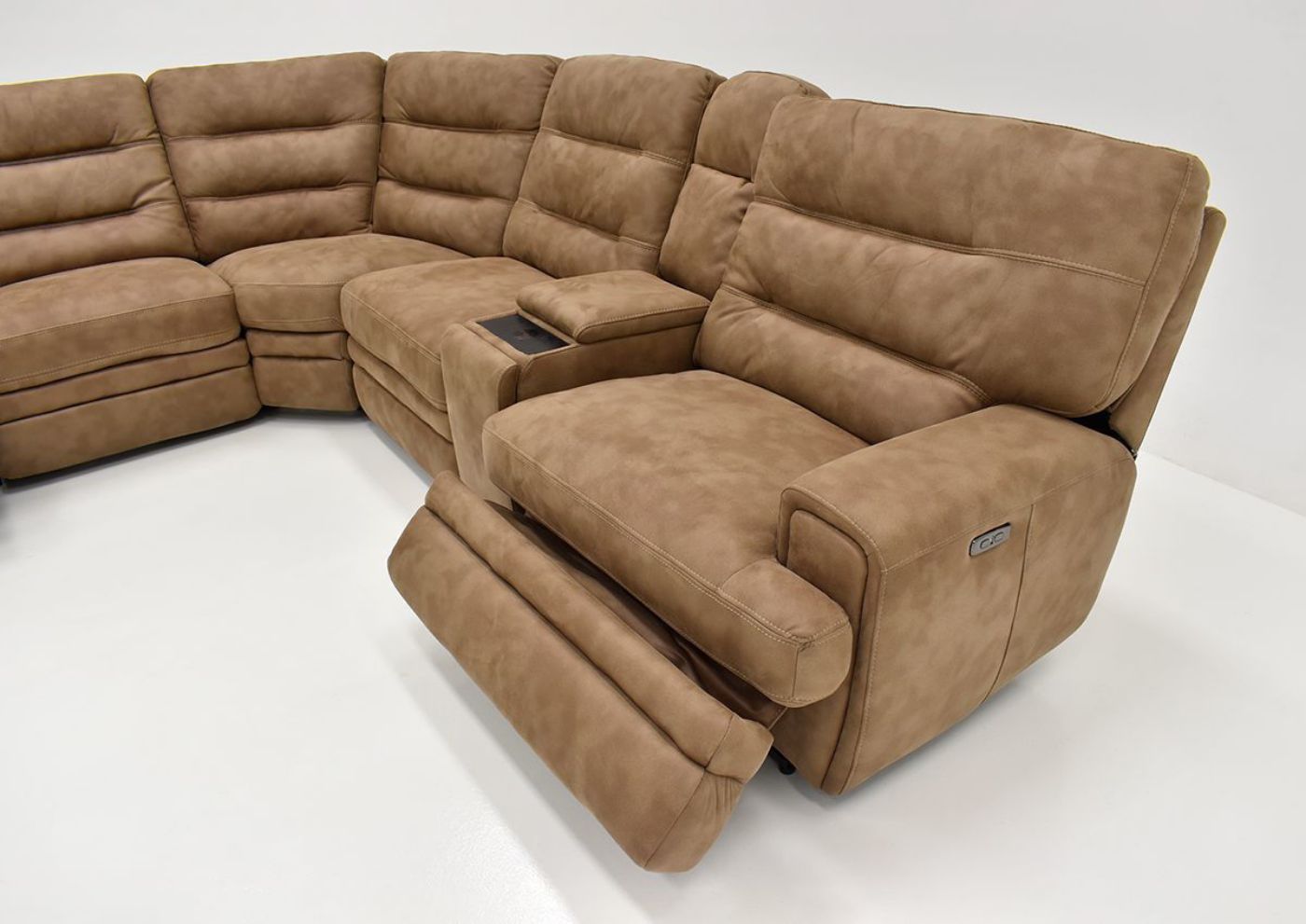 Close Up Side View with Raised Footrest on the Maxwell POWER Reclining Sectional Sofa in Brown by KUKA Home | Home Furniture Plus Bedding