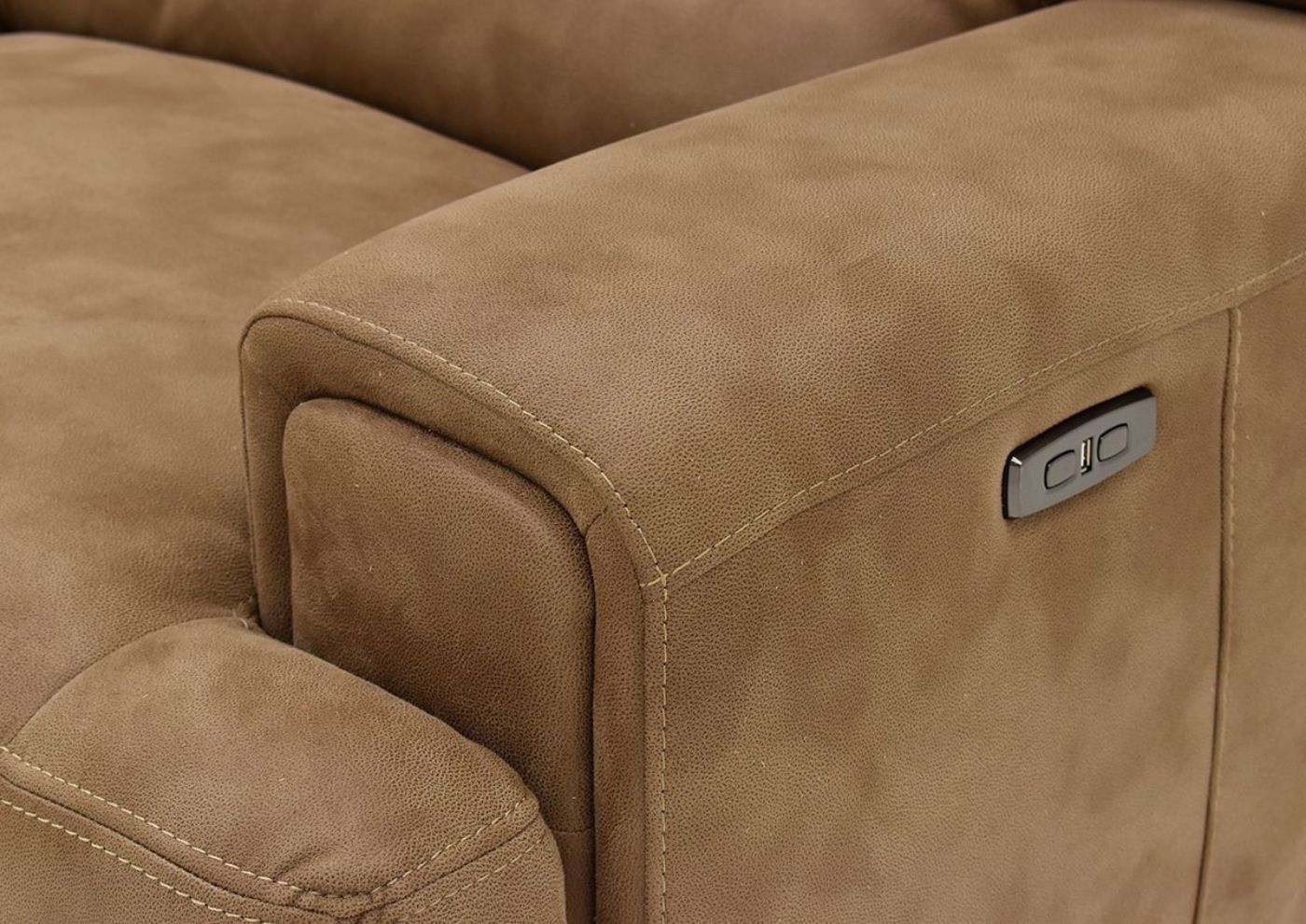 Close Up Side View of the Arm Details on the Maxwell POWER Reclining Sectional Sofa in Brown by KUKA Home | Home Furniture Plus Bedding