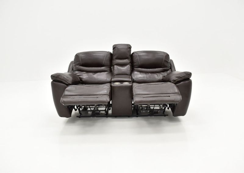 Front Facing View of the Reclined Dallas POWER Reclining Loveseat in Brown with Footrests Extended | Home Furniture Plus Bedding