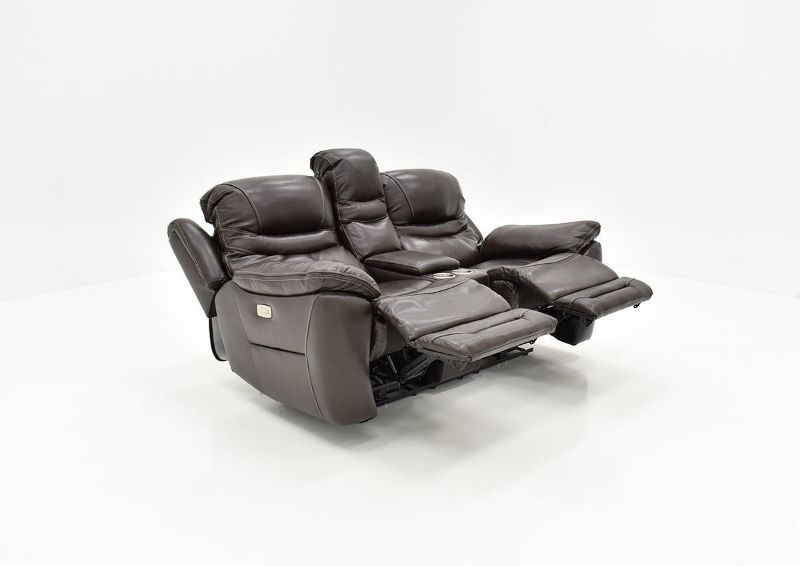 Slightly Angled View of the Front of the Dallas POWER Reclining Loveseat With Recliners Open- Brown | Home Furniture Plus Bedding