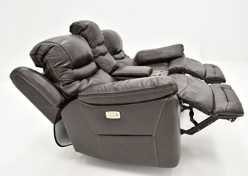 Side View of the Reclined Dallas POWER Reclining Loveseat in Brown with Footrests Extended | Home Furniture Plus Bedding