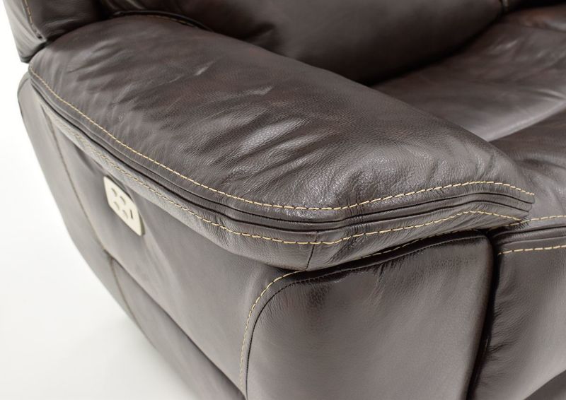 Close Up View of the Arm on the Dallas POWER Reclining Sofa in Brown | Home Furniture Plus Bedding