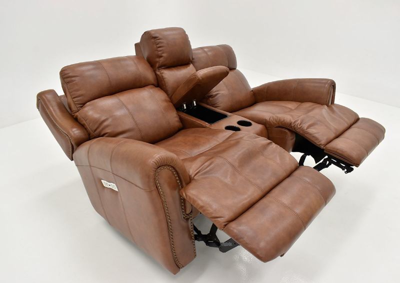 Slightly Angled View of the Reclined Marquee POWER Loveseat in Umber Brown with Footrest Extended by Bassett Furniture | Home Furniture Plus Bedding