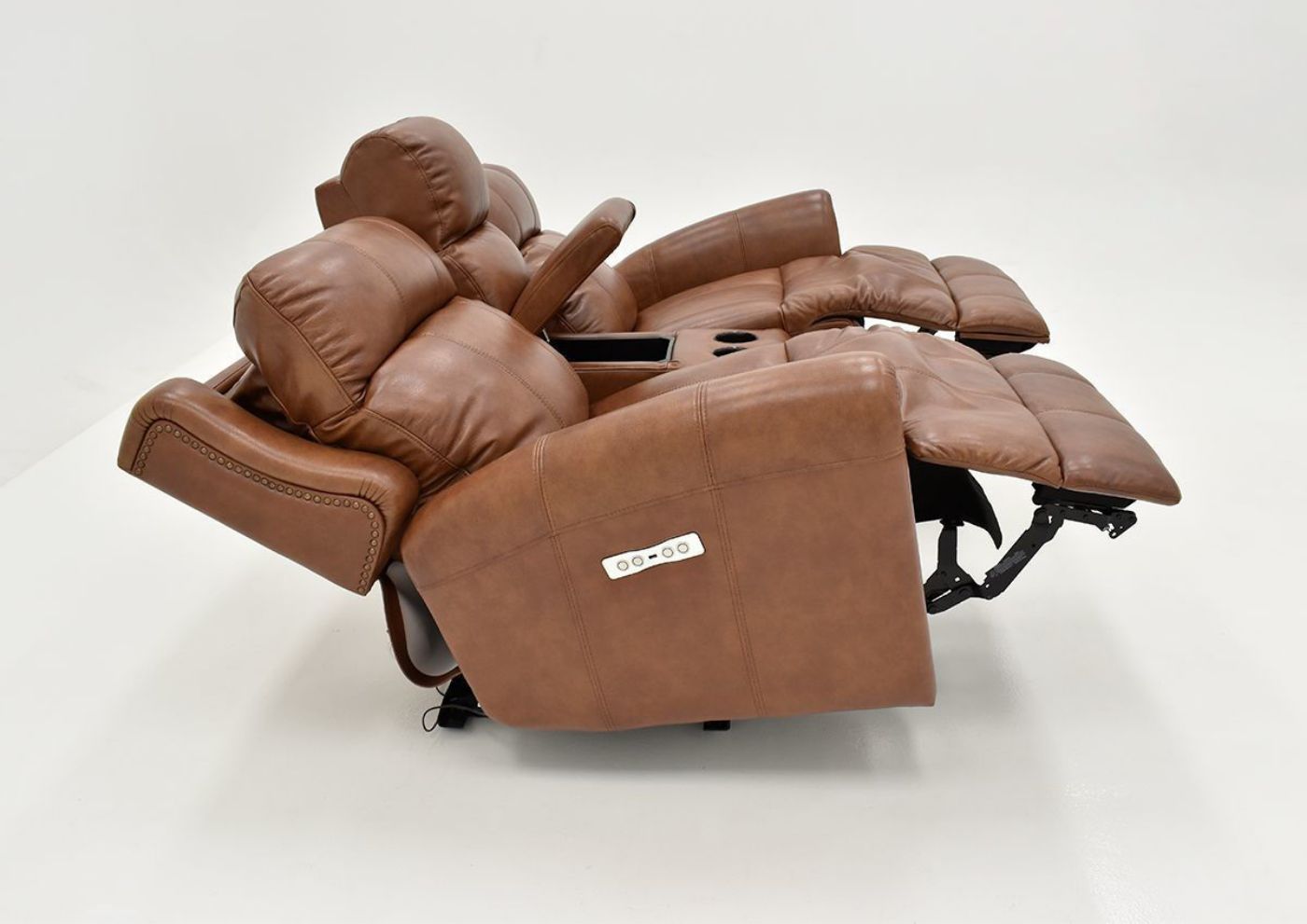 Side View of the Reclined Marquee POWER Loveseat in Umber Brown with Footrest Extended by Bassett Furniture | Home Furniture Plus Bedding