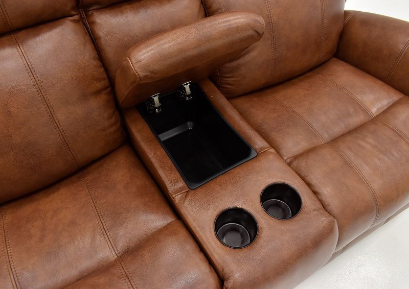 Center Console and Cup Holders on the Marquee POWER Reclining Loveseat in Umber Brown by Bassett Furniture | Home Furniture Plus Bedding