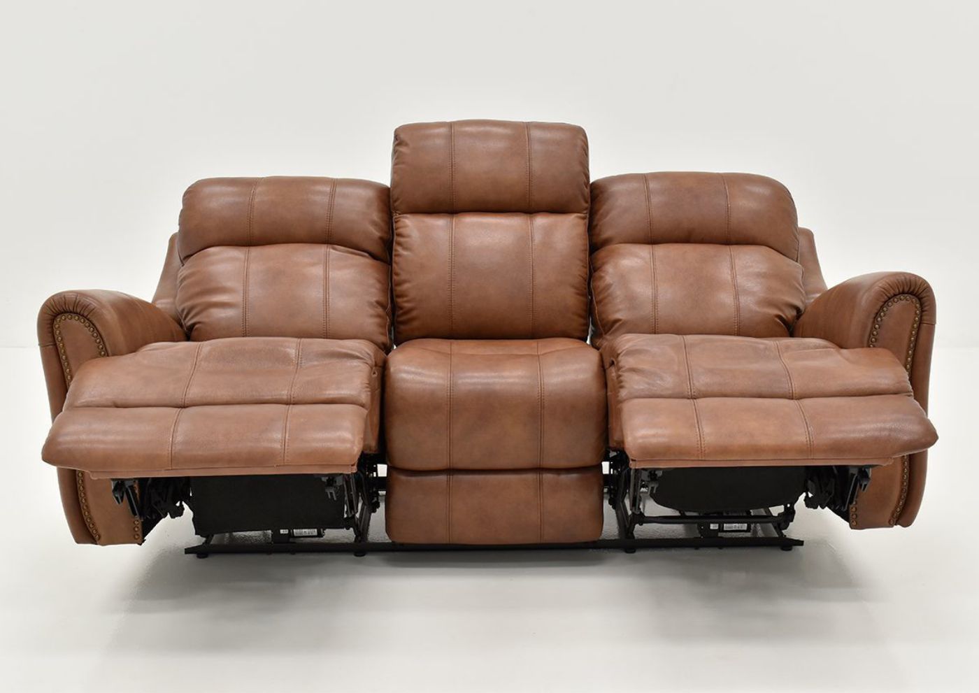 Front Facing View of the Reclined Marquee POWER Sofa in Umber Brown with Footrest Extended by Bassett Furniture | Home Furniture Plus Bedding