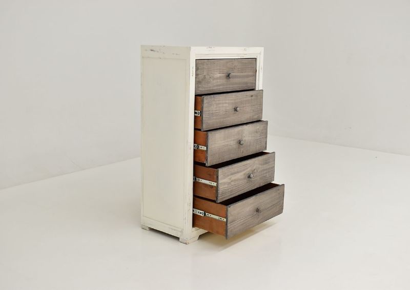 Slightly Angled View with Drawers Opened of the  Two-Tone White with Brown Windjammer Chest of Drawers by Vintage Furniture | Home Furniture Plus Bedding