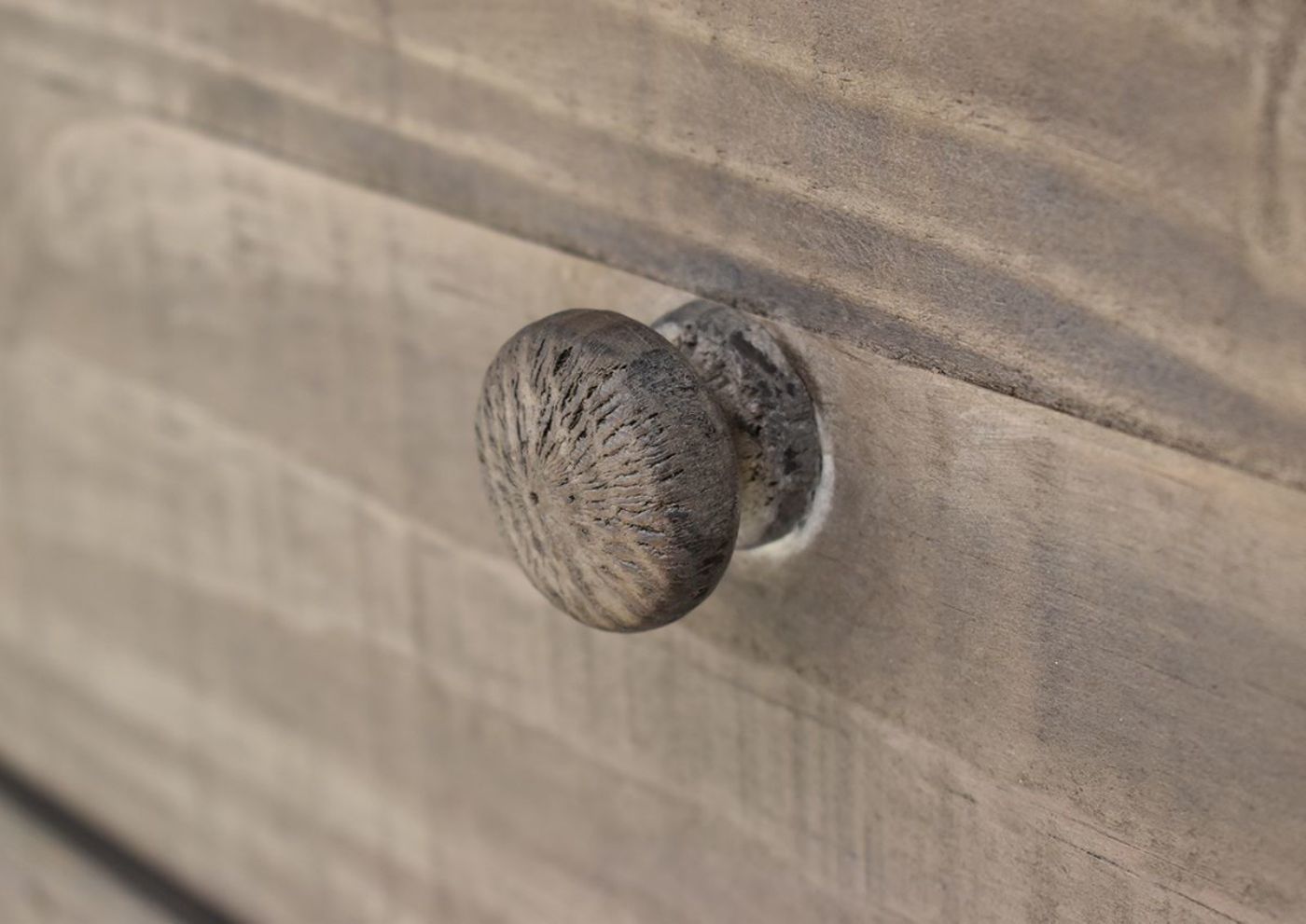 Close Up View of the Wooden Knob on the  Two-Tone White with Brown Windjammer Chest of Drawers by Vintage Furniture | Home Furniture Plus Bedding