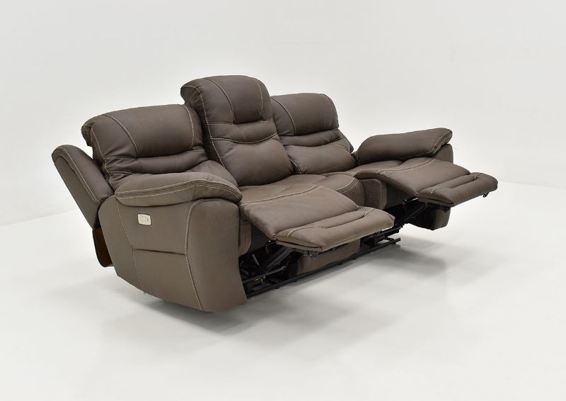 Slightly Angled View of the Reclined Dakota POWER Reclining Sofa in Brown with Opened Footrest by KUKA Home | Home Furniture Plus Bedding