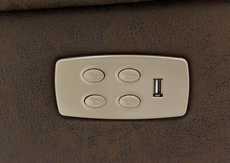 Close Up View of the USB Port and Power Controls on the Dakota POWER Reclining Sofa in Brown by KUKA Home | Home Furniture Plus Bedding