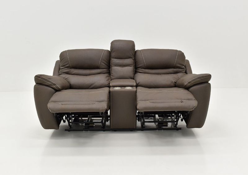 Front Facing View of the Reclined Dakota POWER Reclining Loveseat in Brown with Opened Footrest by KUKA Home | Home Furniture Plus Bedding