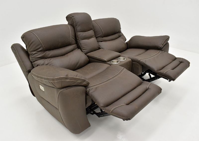 Slightly Angled View of the Reclined Dakota POWER Reclining Loveseat in Brown with Opened Footrest by KUKA Home | Home Furniture Plus Bedding