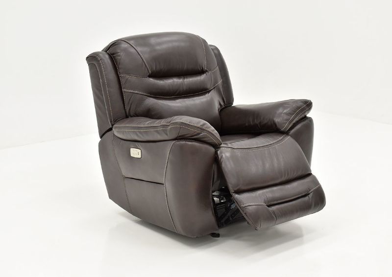 Slightly Angled View of the Dallas POWER Recliner in Brown with Footrest Opened | Home Furniture Plus Bedding