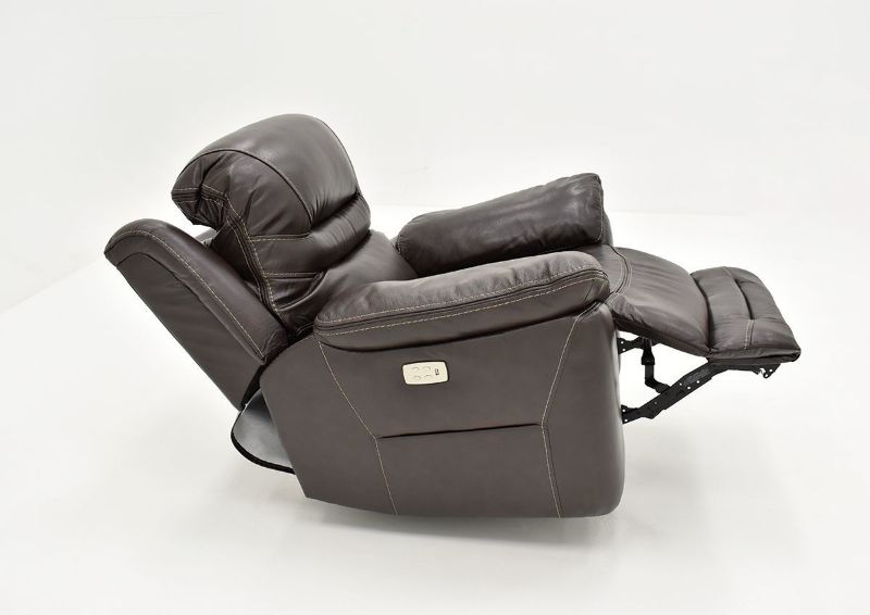 Side View of the Reclined Dallas POWER Recliner in Brown with Footrest Opened | Home Furniture Plus Bedding