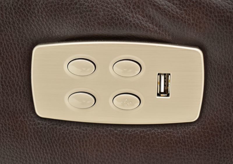 Close Up View of the USB Port and Power Controls on the Dallas POWER Recliner in Brown | Home Furniture Plus Bedding