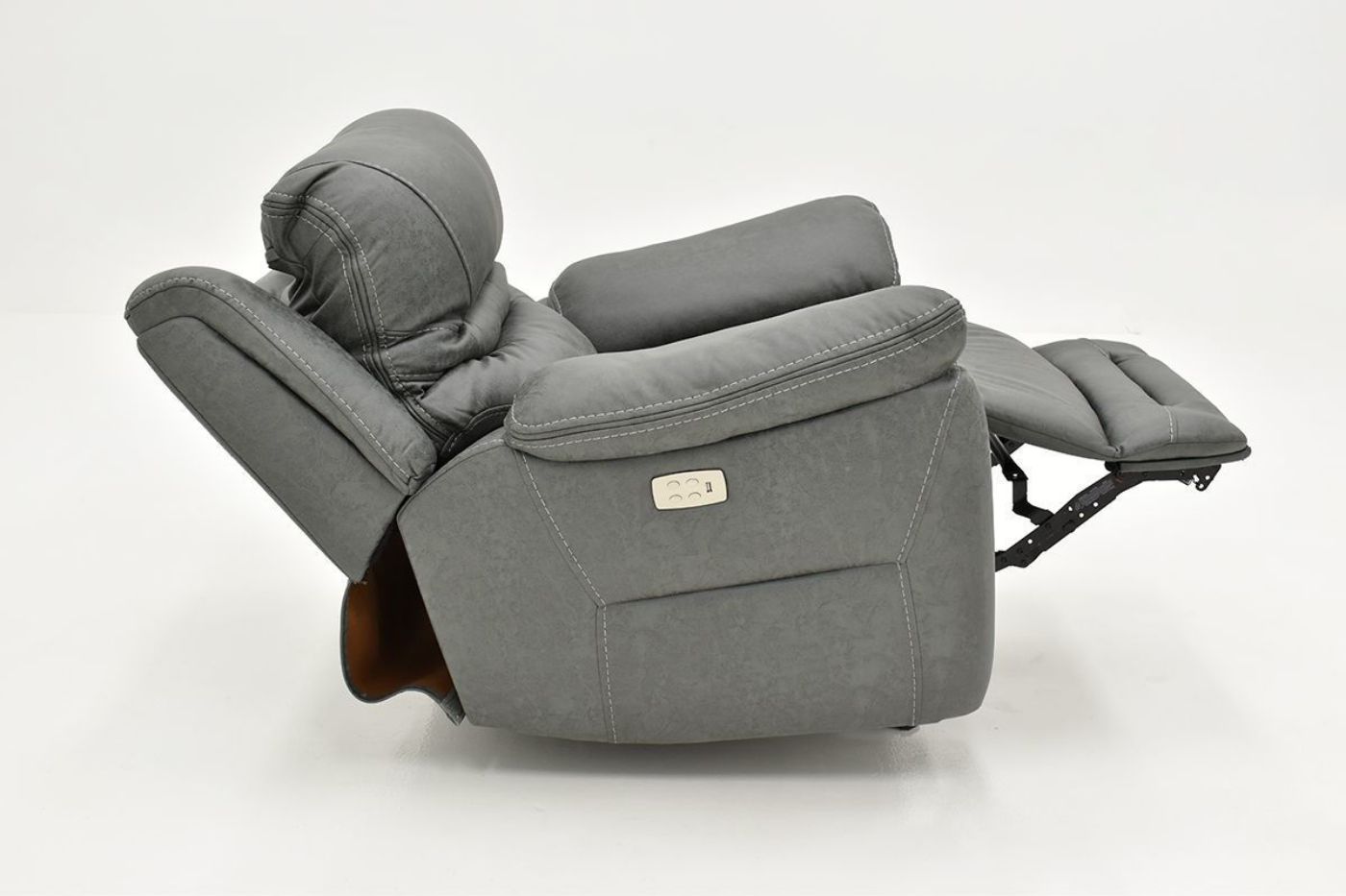 Side View with Chaise in Reclining Position and Headrest Adjusted on the Dakota POWER Recliner - Gray | Home Furniture Plus Bedding