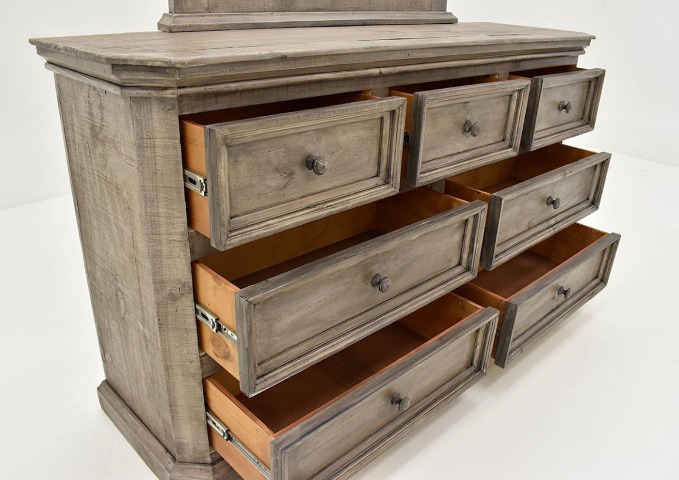Slightly Angled Closeup View of the Westgate Dresser with Mirror in Granite by Vintage Furniture with Opened Drawers | Home Furniture Plus Bedding