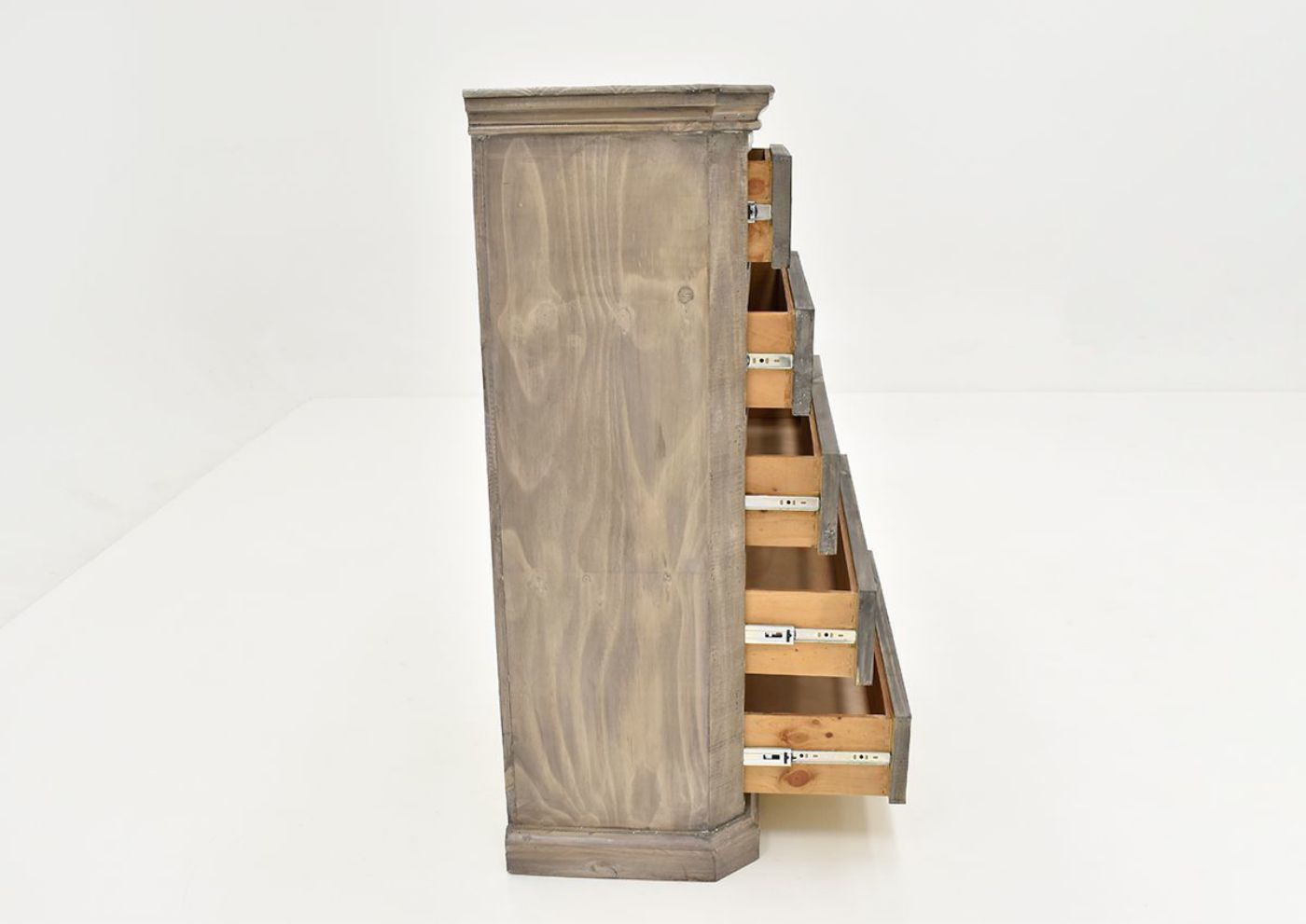 Side View of the Westgate Chest of Drawers in Granite by Vintage Furniture with Opened Drawers | Home Furniture Plus Bedding