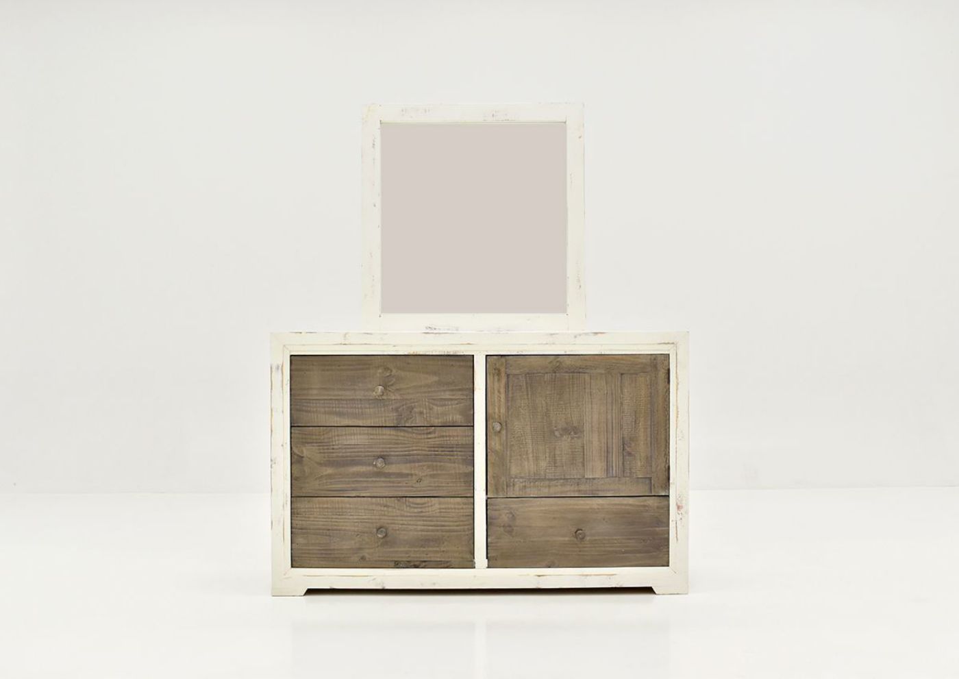 Front Facing View of the Two-Tone White with Brown Windjammer Dresser with Mirror by Vintage Furniture | Home Furniture Plus Bedding