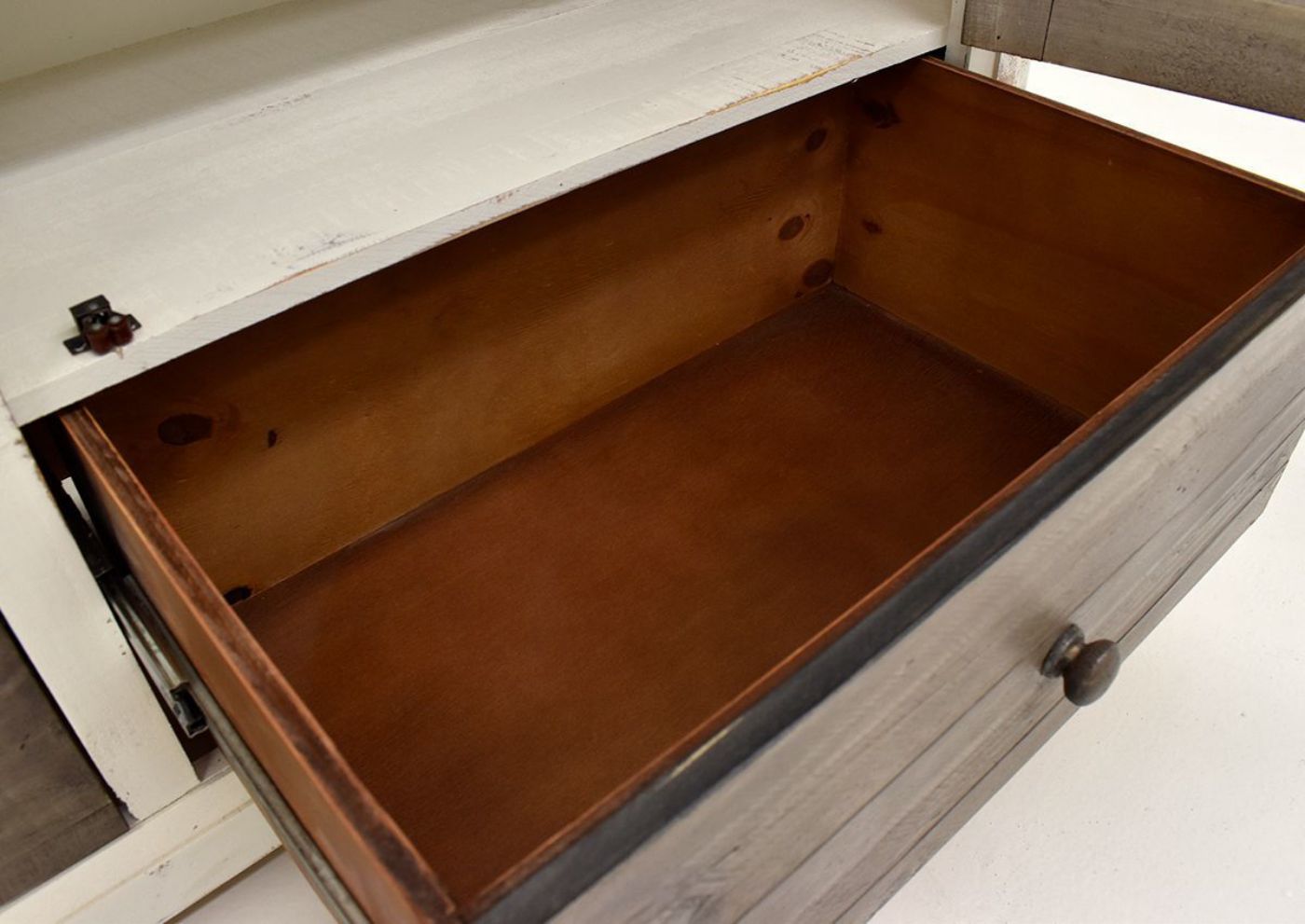 Close Up View of the Two-Tone White with Brown Windjammer Dresser with Mirror by Vintage Furniture with Drawer Opened | Home Furniture Plus Bedding