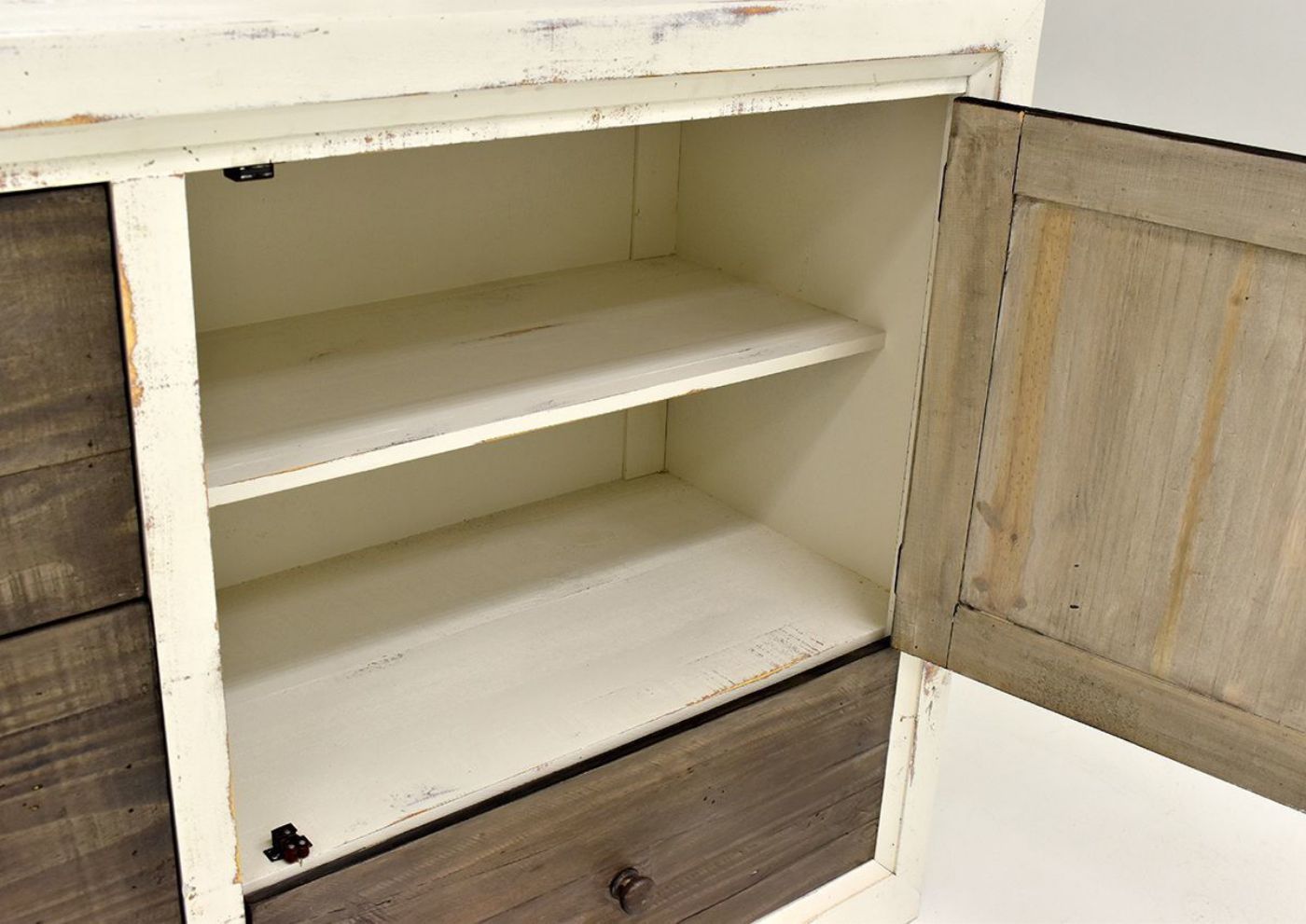 Close Up View of the Two-Tone White with Brown Windjammer Dresser with Mirror by Vintage Furniture with Cabinet Door Opened | Home Furniture Plus Bedding