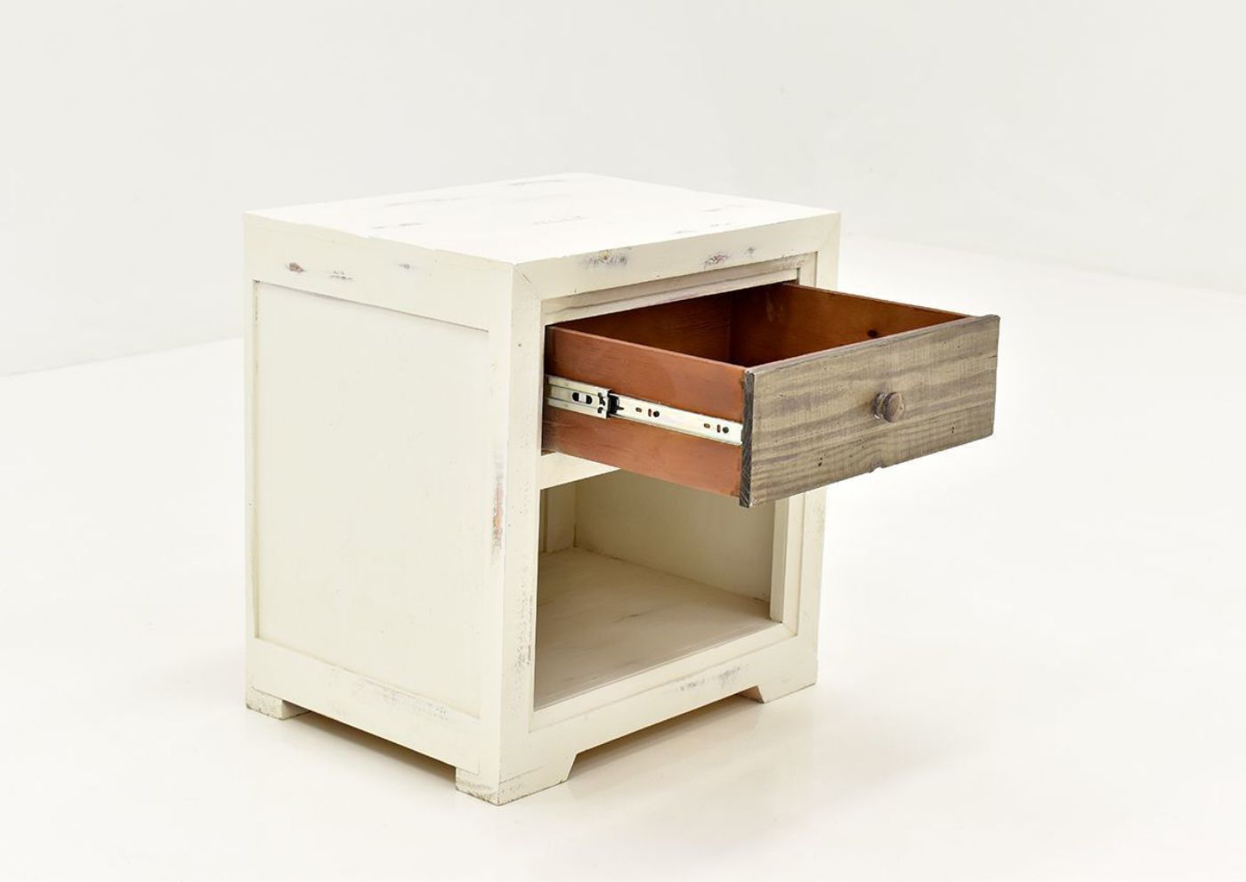 Slightly Angled View of the Two-Tone White with Brown Windjammer Nightstand by Vintage Furniture with Opened Drawer | Home Furniture Plus Bedding